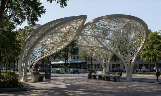 Daylight study: two unlit lattice shells over public seating