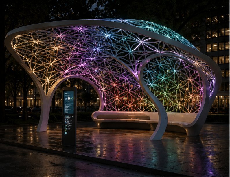 Ohm Dome concept render: a lattice canopy at night, LED nodes shifting through the spectrum over a public bench